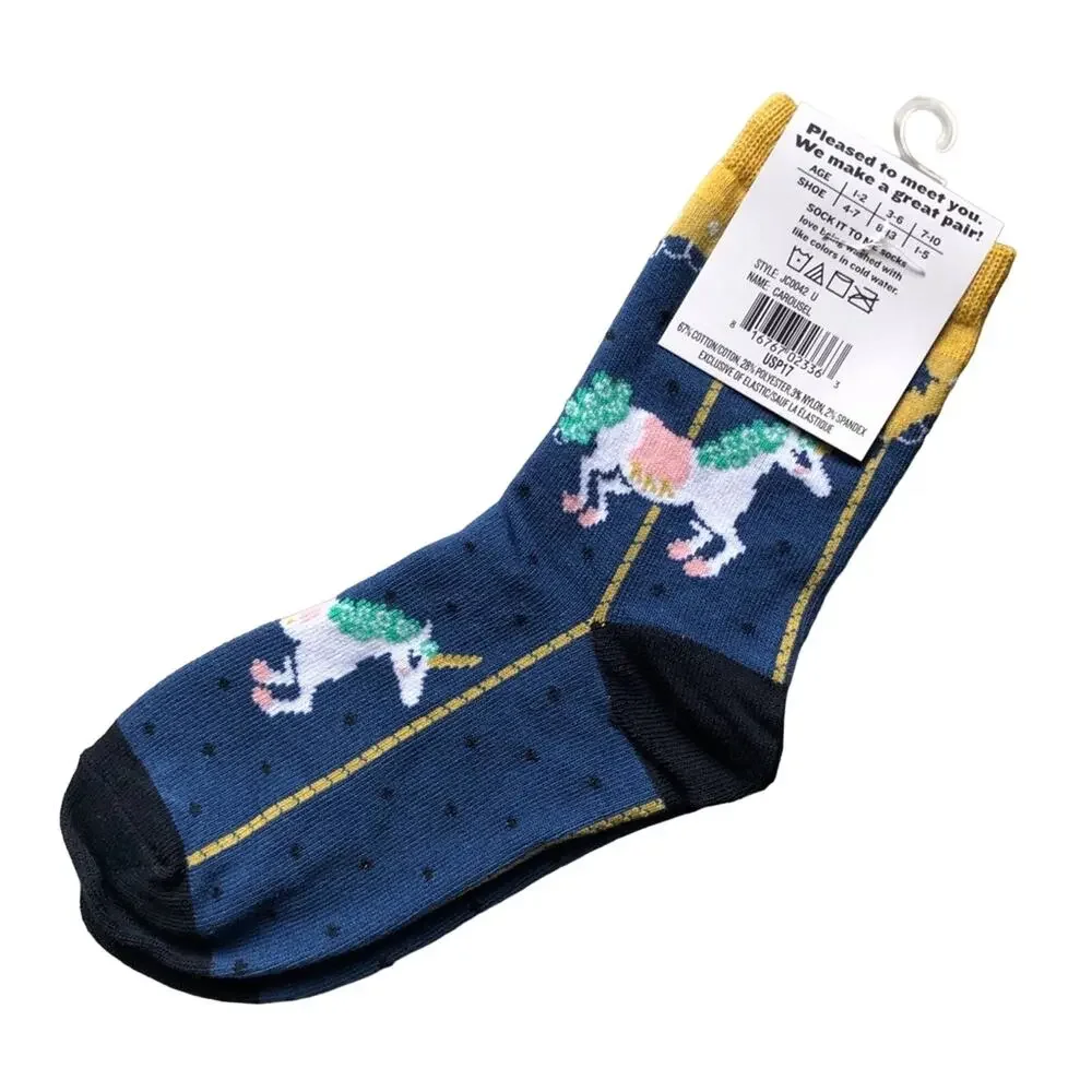 Sock It To Me Navy Blue Gold Carousel Unicorn Horse Novelty Junior Crew Socks